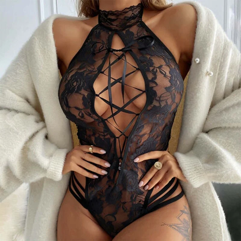 Uaang Lingerie Set Transparent Underwear One-piece Porn Babydoll Dress Sexy Costume Erotic Lingerie Women Hollow Open Bra Kit