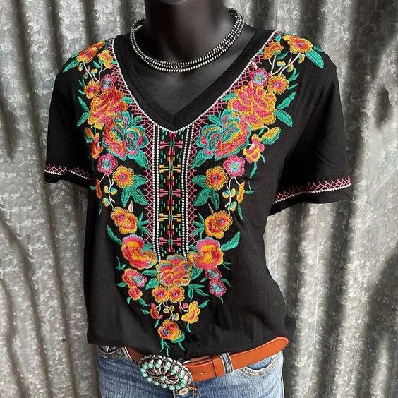 Ethnic Floral Print V-Neck Short-Sleeved T-Shirt
