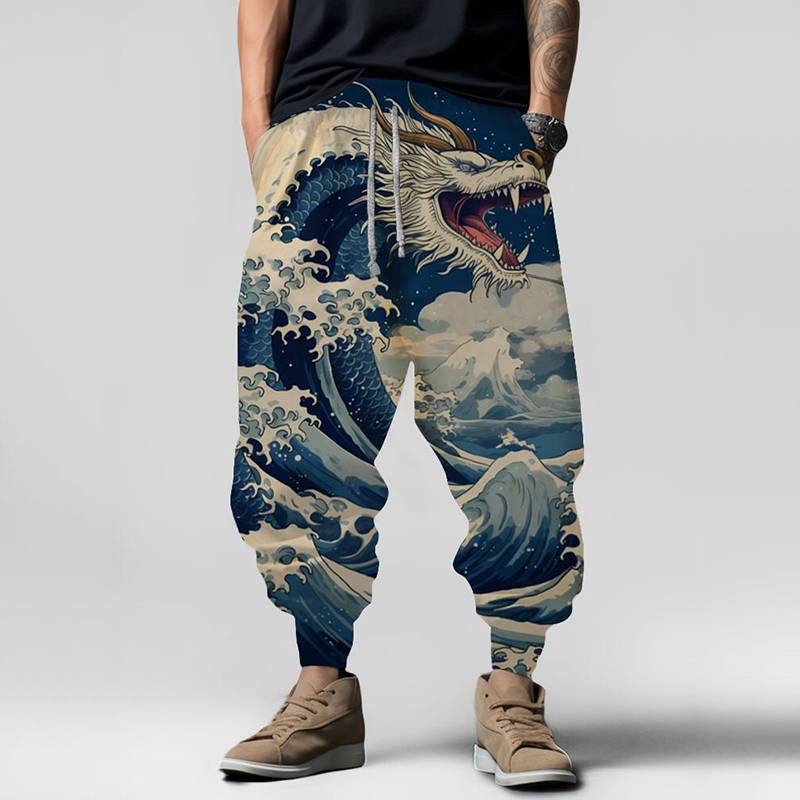 Comstylish Vintage Japanese Art Dragon Element Pattern Casual Loose Drawstring Waist Sweatpants