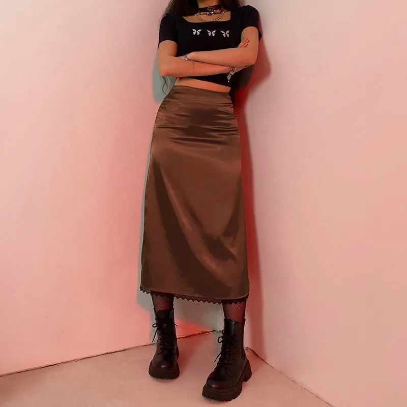 HEYounGIRL Vintage High Waist Satin Midi Skirt Women Brown Black Lace Patchwork Elegant Skirts Ladies Summer Streetwear  90s