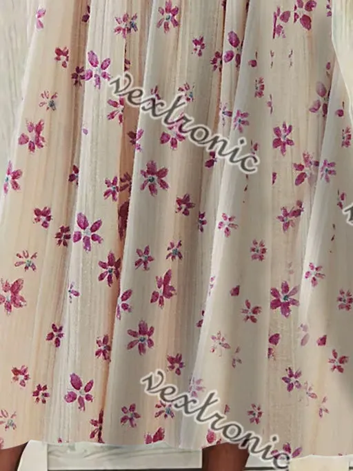 Women's Short Sleeve V-neck Pink Floral Printed Midi Dress