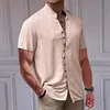 Camicia da uomo a maniche corte in cotone e lino con collo alto e bottoni