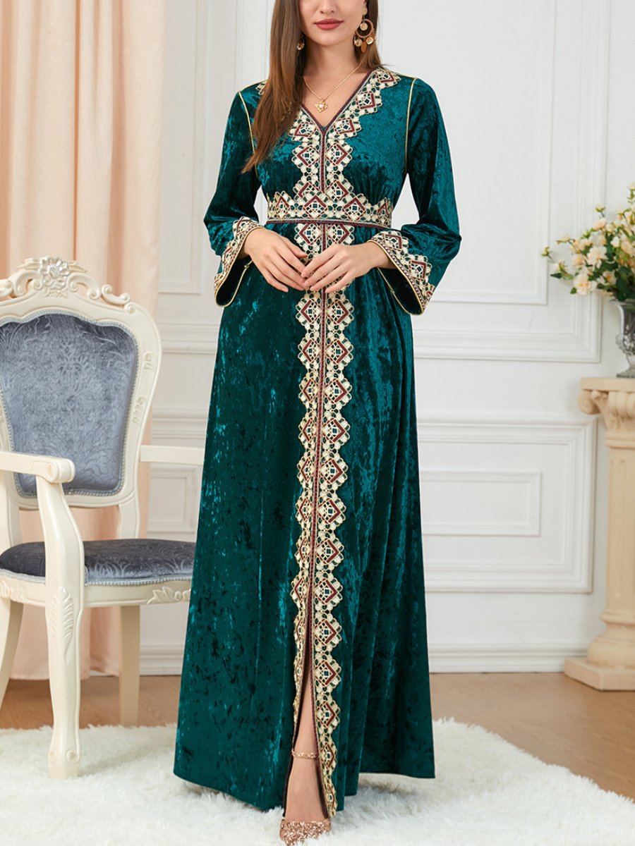 Green Velvet Split Design Long Sleeve V Neck Dress | Oxredo Shop Ramadan Sale