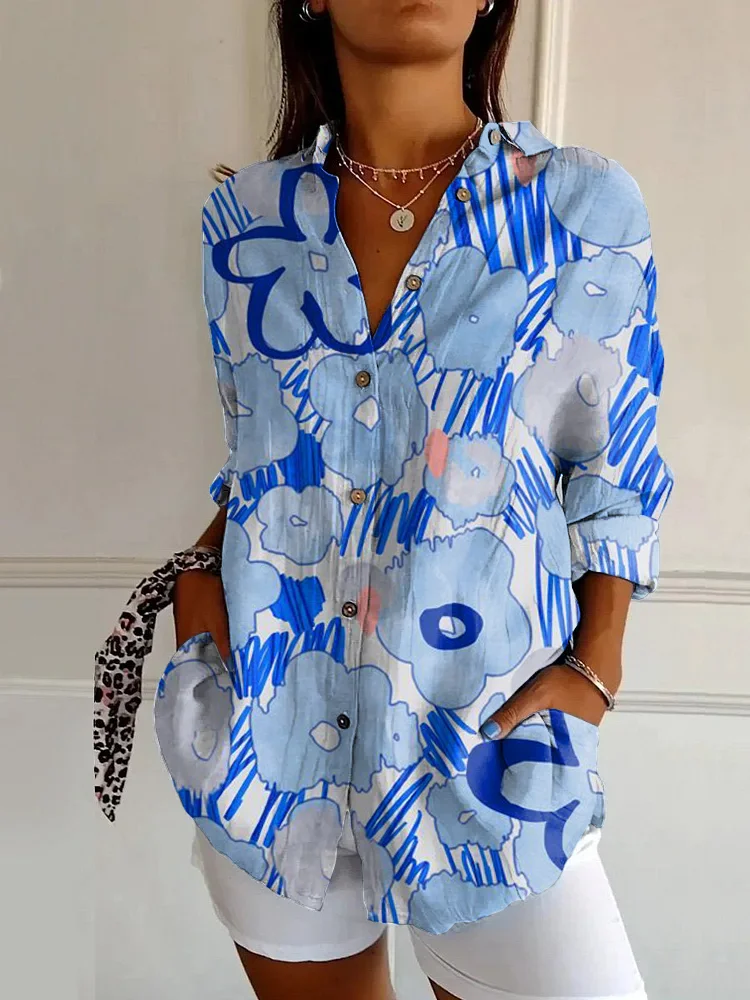 Classic Flower Graffiti Print Casual Long-sleeved Shirt