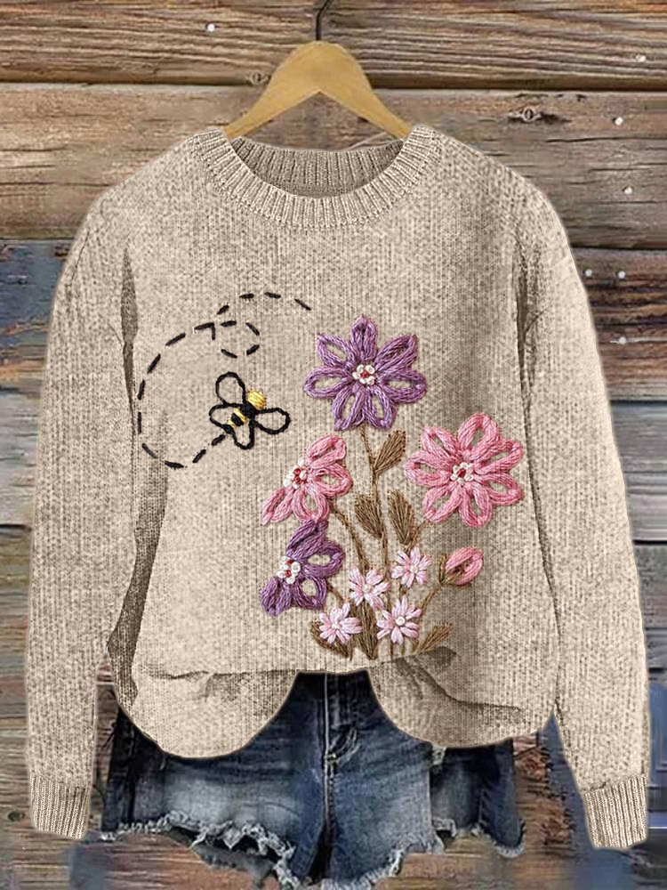 Bee & Flower Embroidery Art Cozy Knit Sweater wearshes