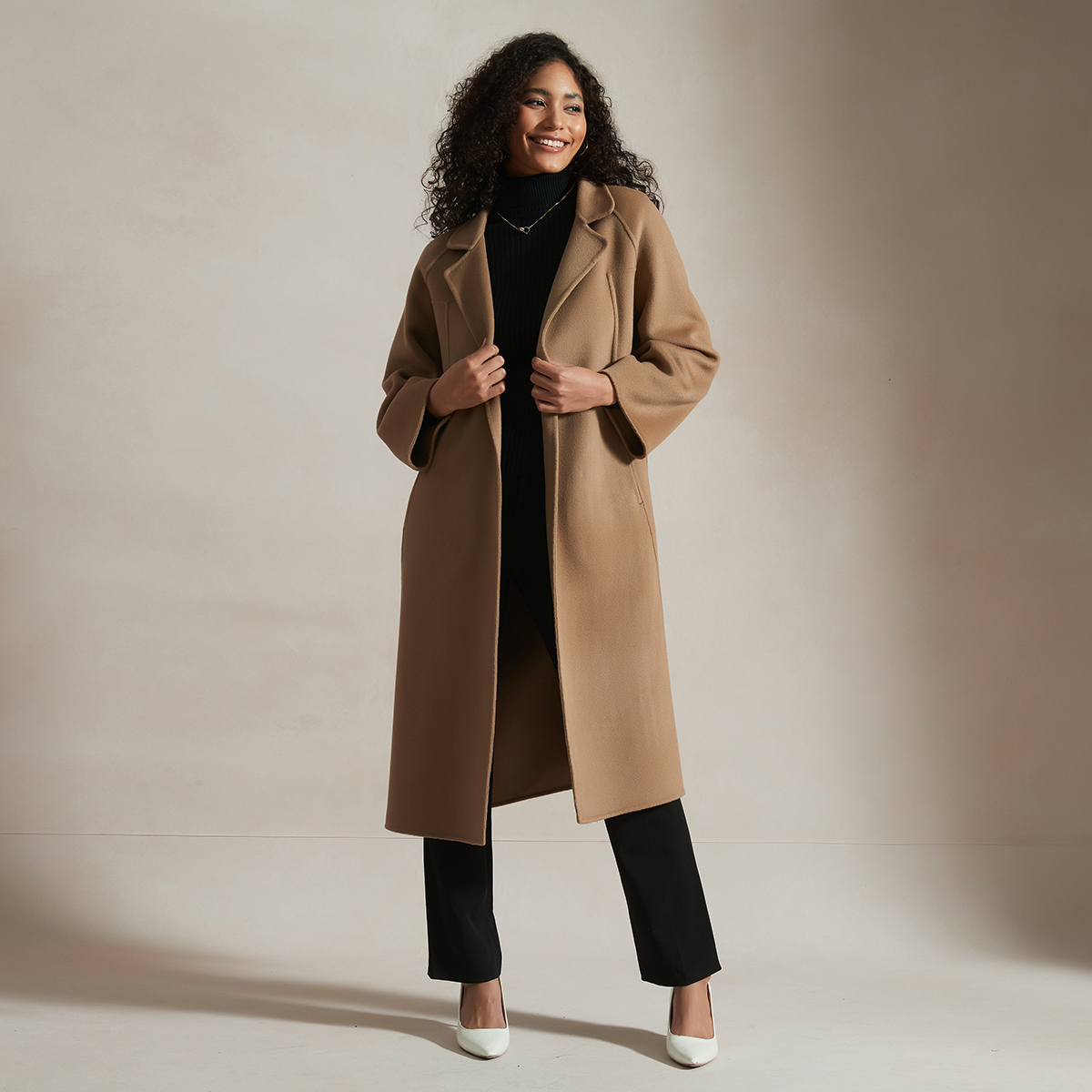  Handmade Collection Women's Belted Wrap Wool Coat-Cocoa Color REAL SILK LIFE