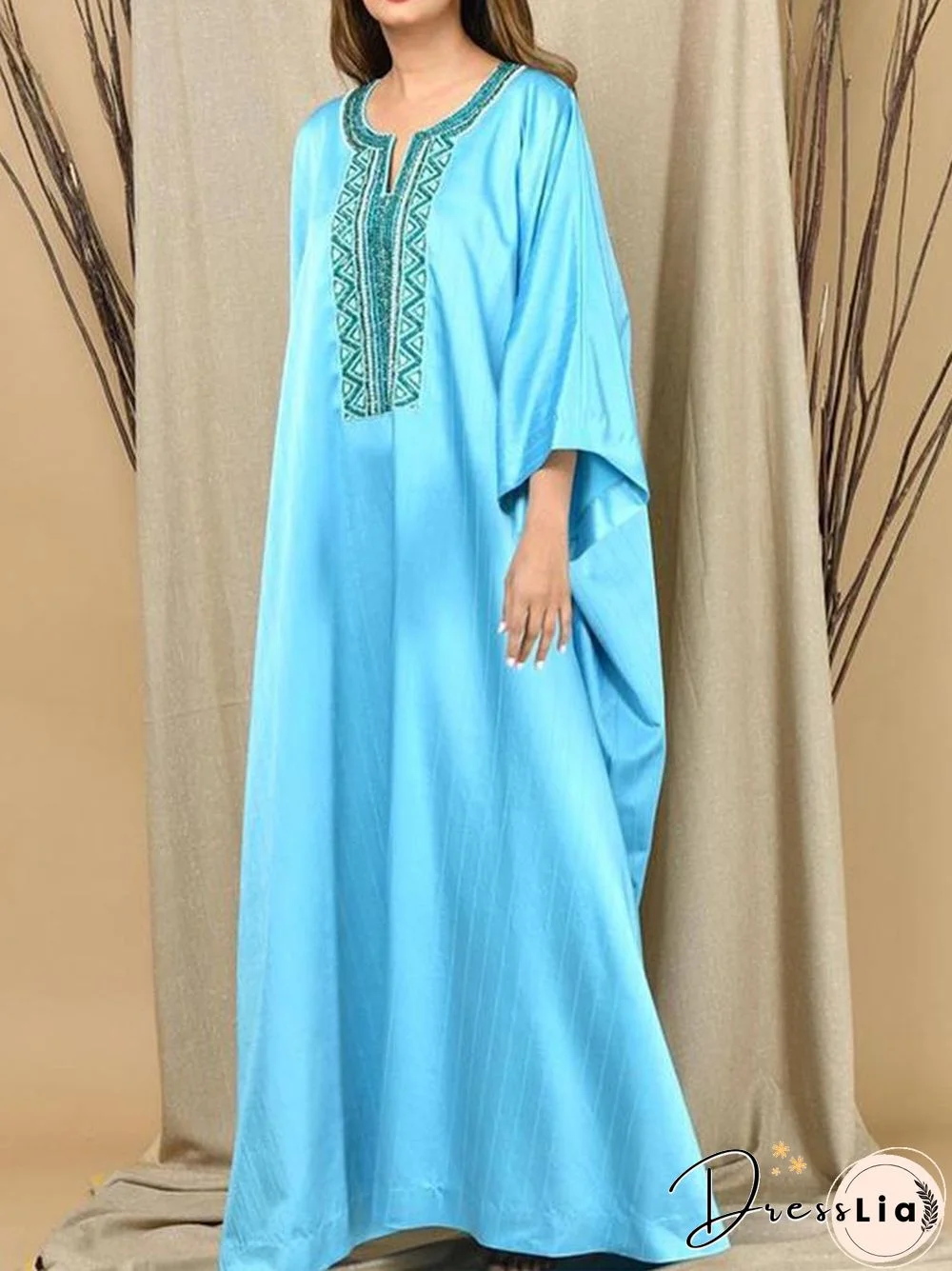 Embroidered Draped Satin Bat Sleeve Maxi Dress