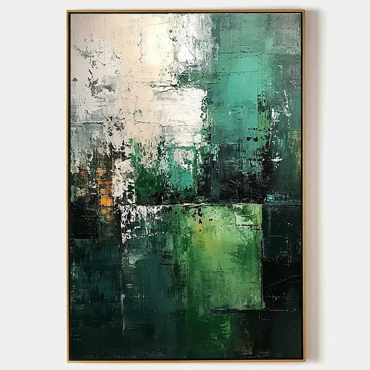 TEXTURED GREEN ABSTRACT: Impasto Abstract Painting, Vertical Wall Art（Canvas painting）
