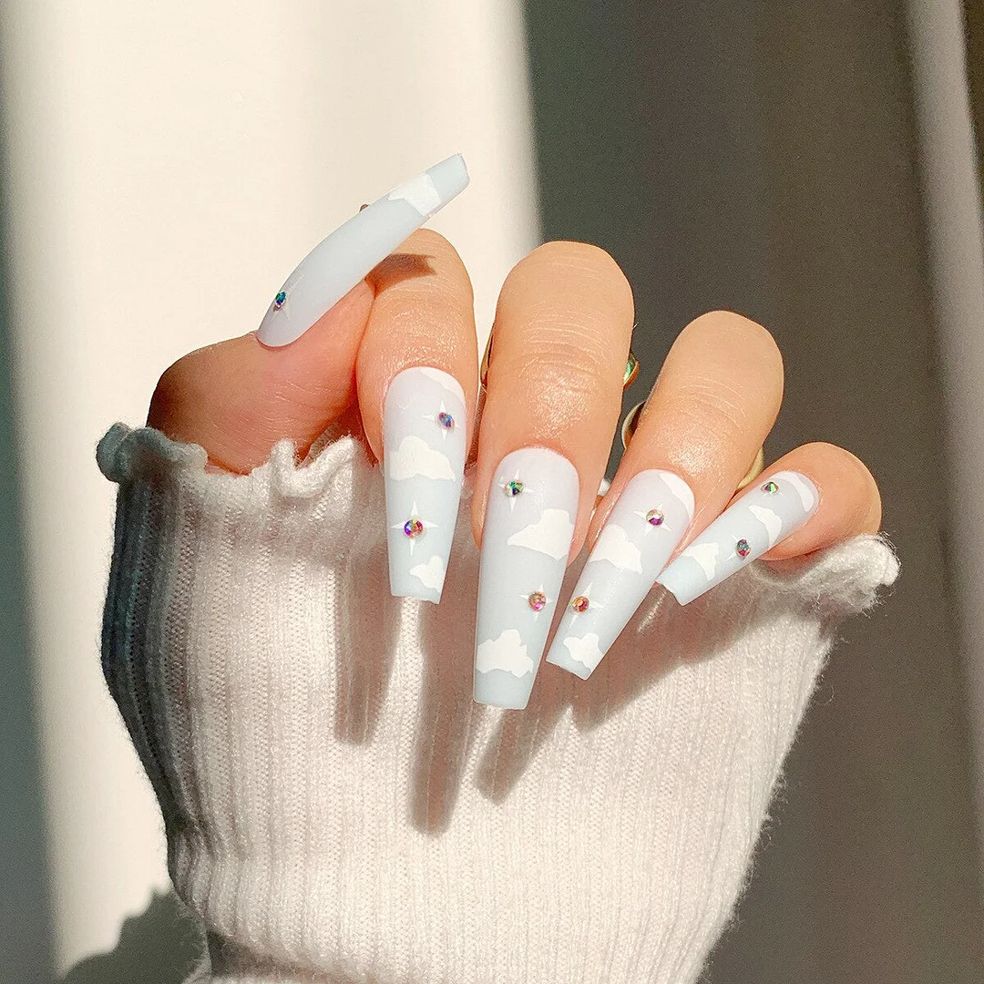 Fake Nails White Cloud Star Long Ballet Full Cover Fake Nails DIY Glue Press On Nails Nail Supplies For Professionals