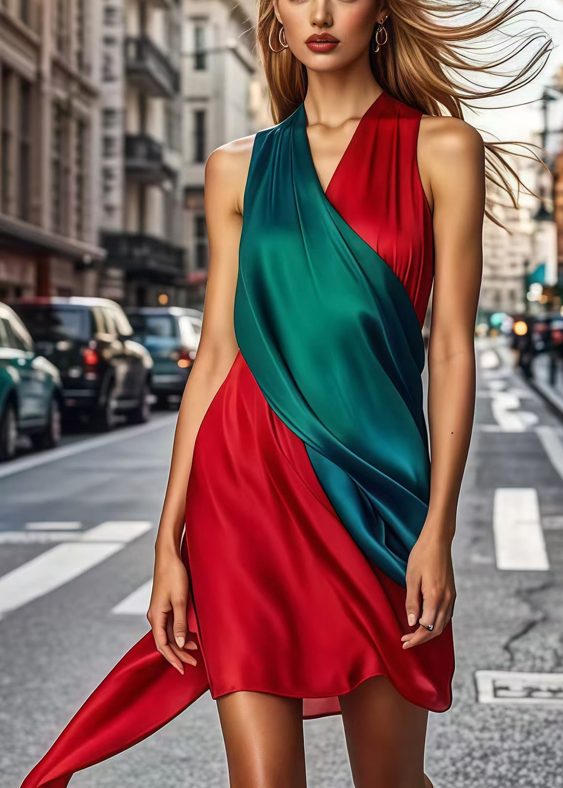 VCSHOES Colorblock Asymmetrical Patchwork Silk Work Dress Sleeveless