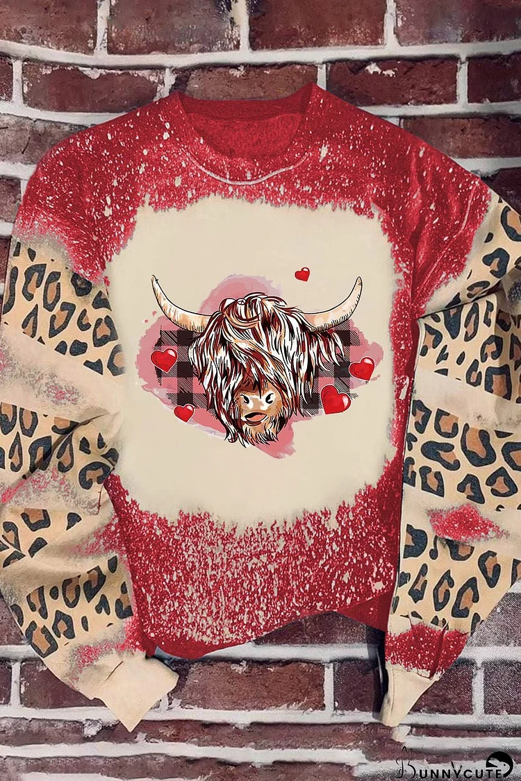 Fiery Red Valentines Heifer Graphic Print Leopard Bleached Sweatshirt