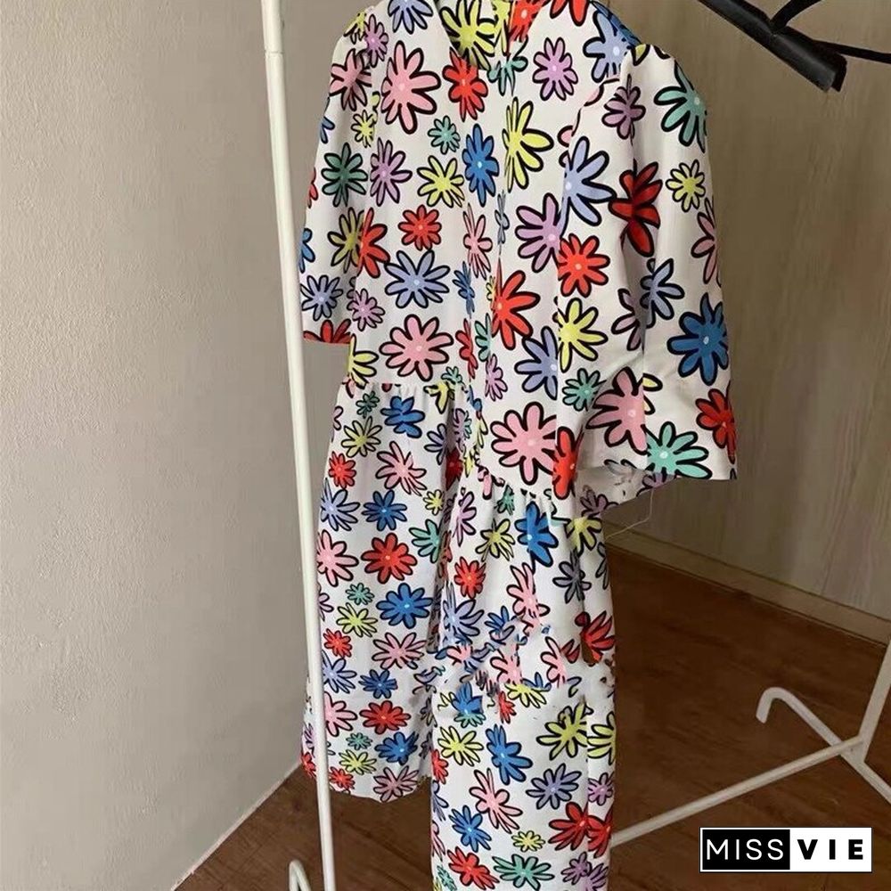 Korean Style Color Round Neck Flower Dress Women