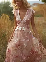 Retro Pink Rose Design V-neck Long-sleeve Casual Dress