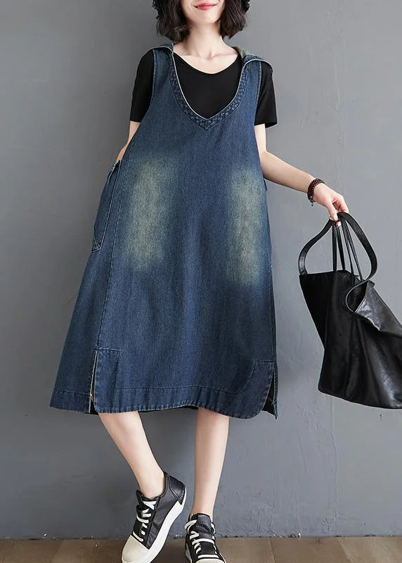Style Hooded Sleeveless Spring Quilting Clothes Outfits Denim Blue Robes Dresses