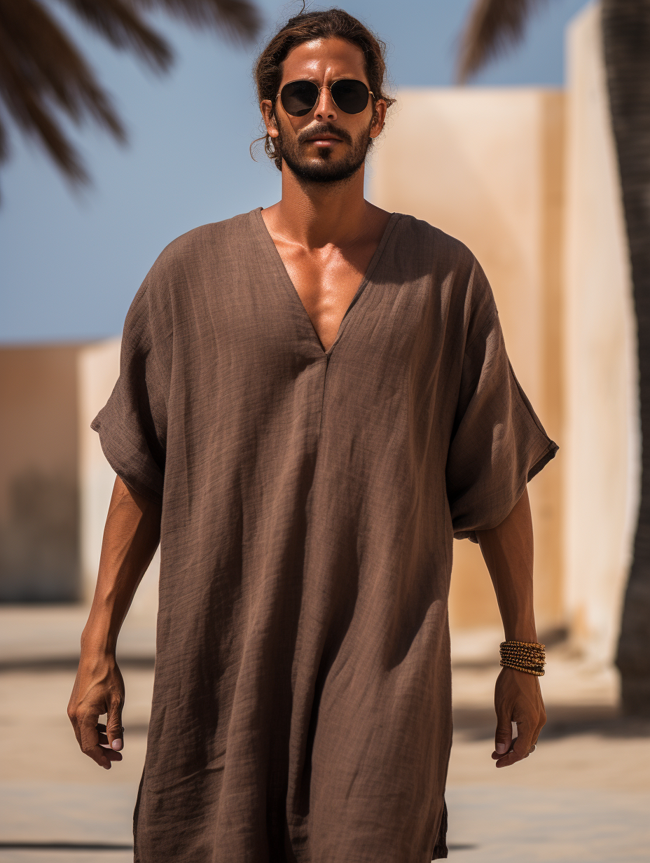 Brown Men Linen V-neck Kaftan Solid Long Caftan