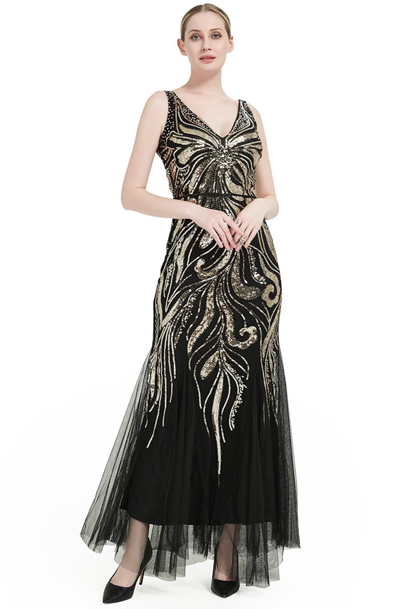 1920s Evening Black Sequin Tulle Deep V Neck Sleeveless Maxi Dress
