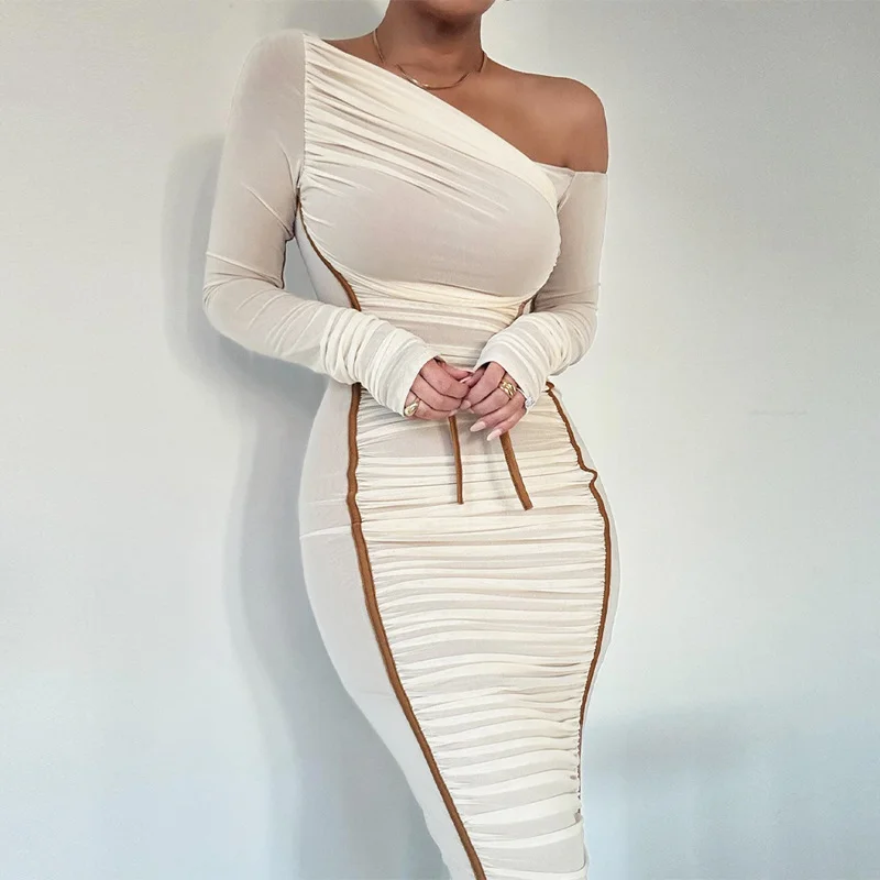 Brownm Brownm 2024 The New Women's Long Sleeve Mesh Splicing Inclined Shoulder Long Temperament Pleated Dress Female