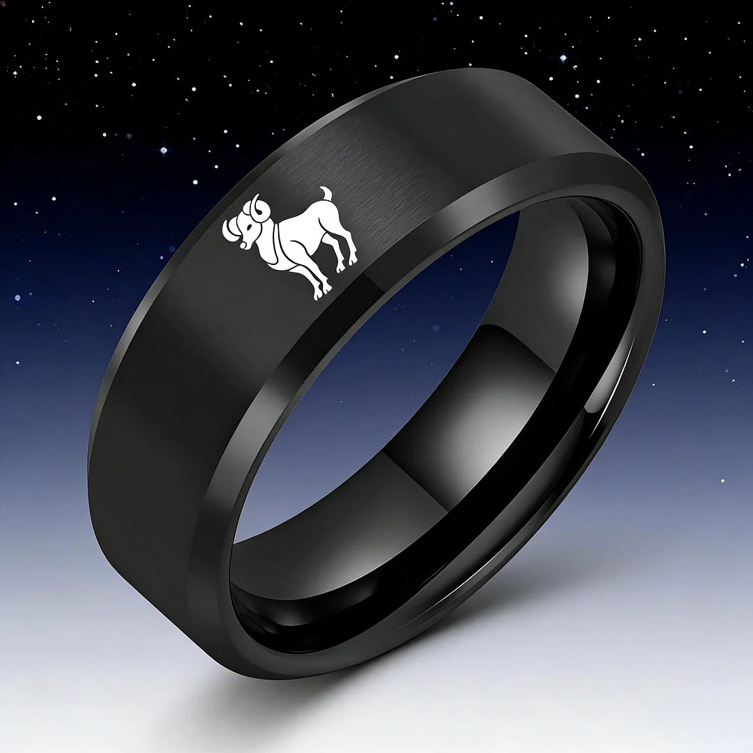Beveled Edges Laser Etched Tungsten Carbide Rings Black Aries Couple Wedding Bands 4MM 6MM 8MM