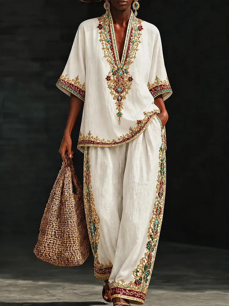 Royal Moroccan  Kaftan Set &ndash; Burgundy & Emerald Gold Trim Luxury Lounge Outfit