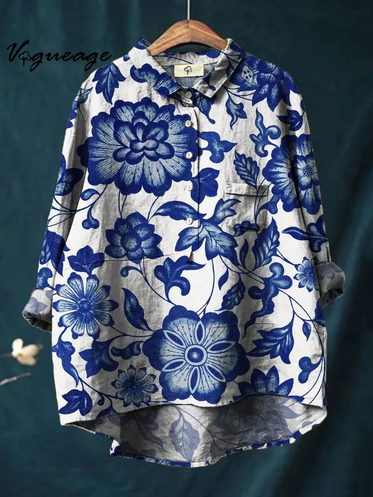 Elegant Flowers And Plants Printed Cotton And Linen Shirt