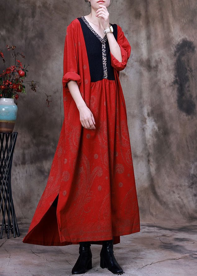 Women Red Asymmetrical Print Velour Robe Dresses Spring