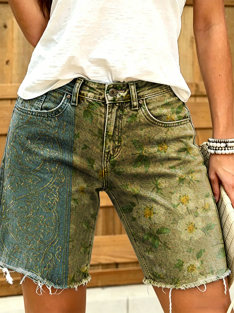 Women's Retro Ethnic Floral Art Print Casual Washed Cotton Denim Shorts