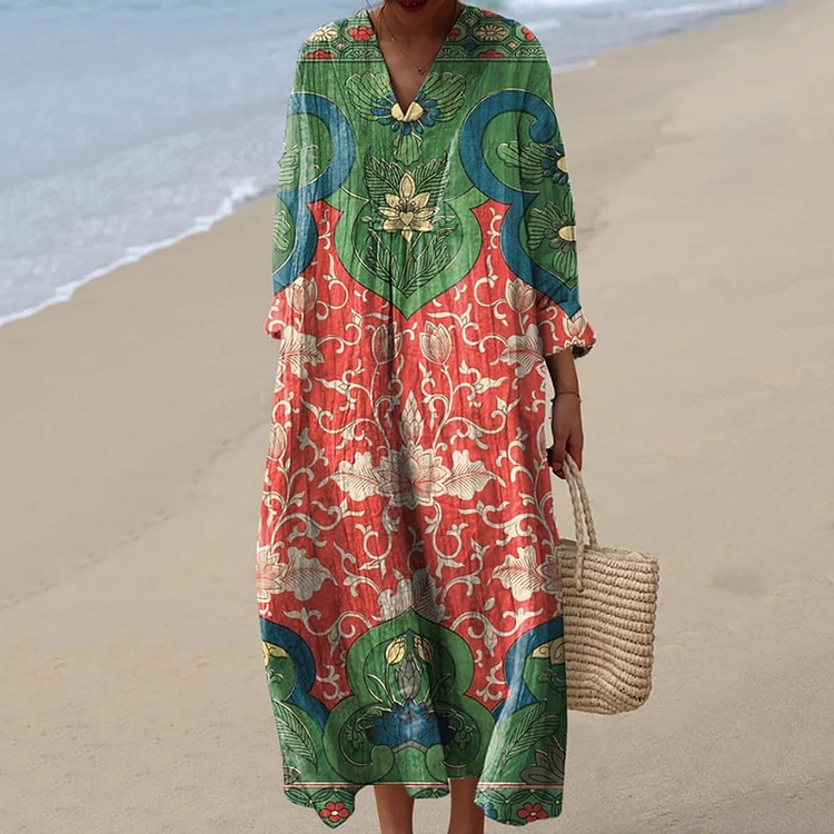 VChics Vintage Flower V-neck Linen Blend Midi Dress