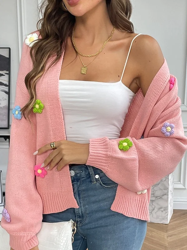 Women's Casual Open Front 3D Floral Sweater Cardigan