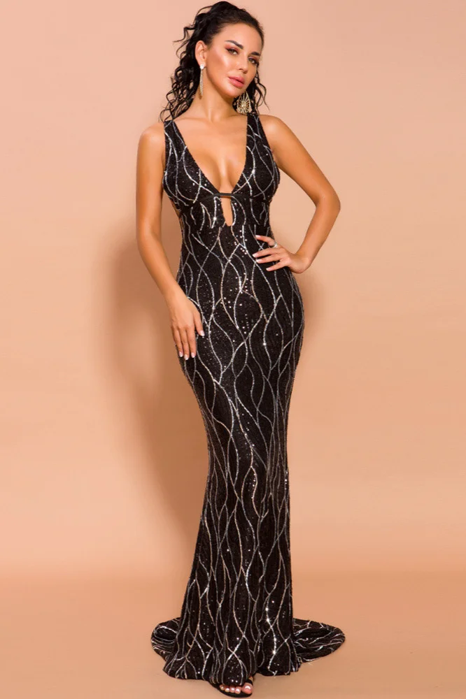 black sequins mermaid long prom dress