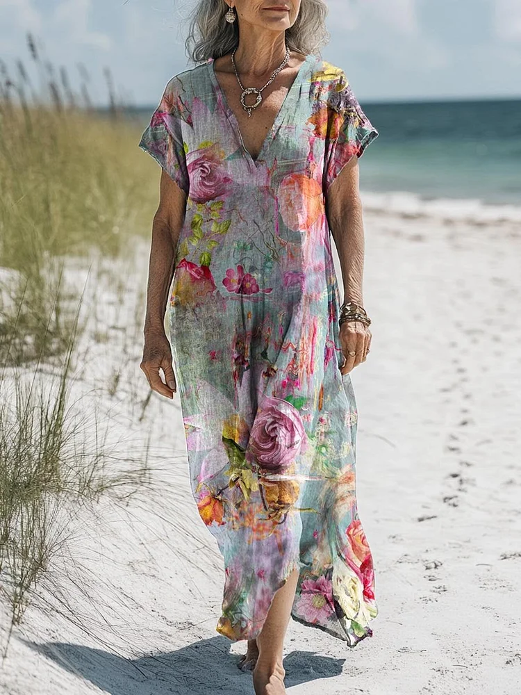 Women's Vintage Lovely Floral Art Print Pocket Cotton Dress