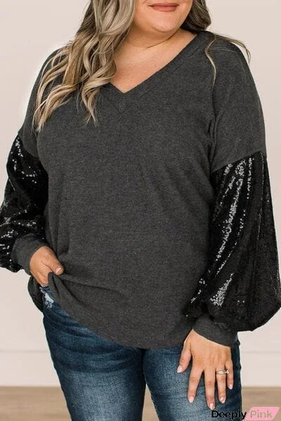 Plus Size Sequin Long Sleeve V-Neck Top