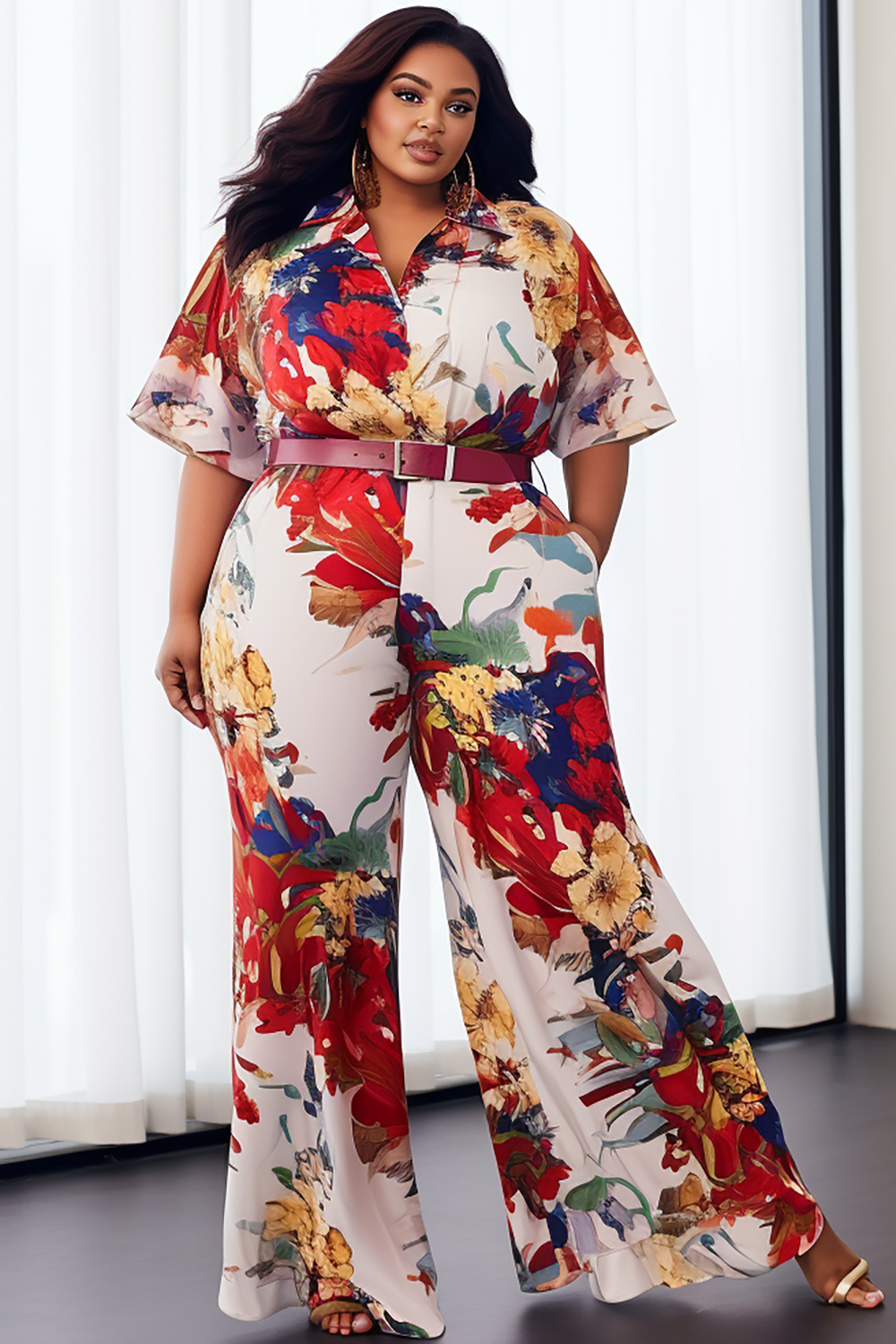 Design Plus Size Daily Red Floral Shirt Collar Short Sleeve Pocket Jumpsuits [Pre-Order]