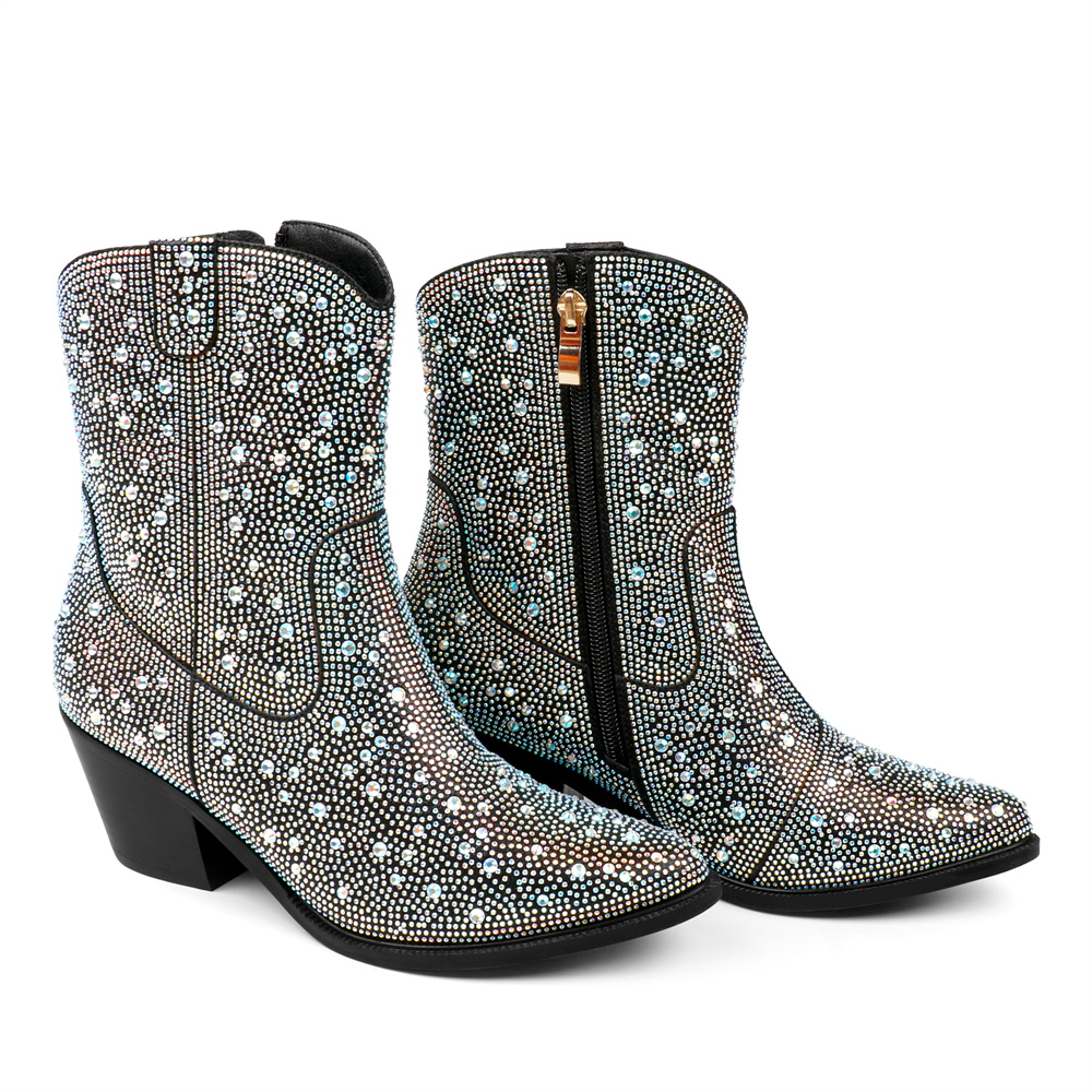 60mm Women's  Boots Ankle High Medium Heel Chunky Heel Diamond Studded Fashion Pull On Boot-MERUMOTE