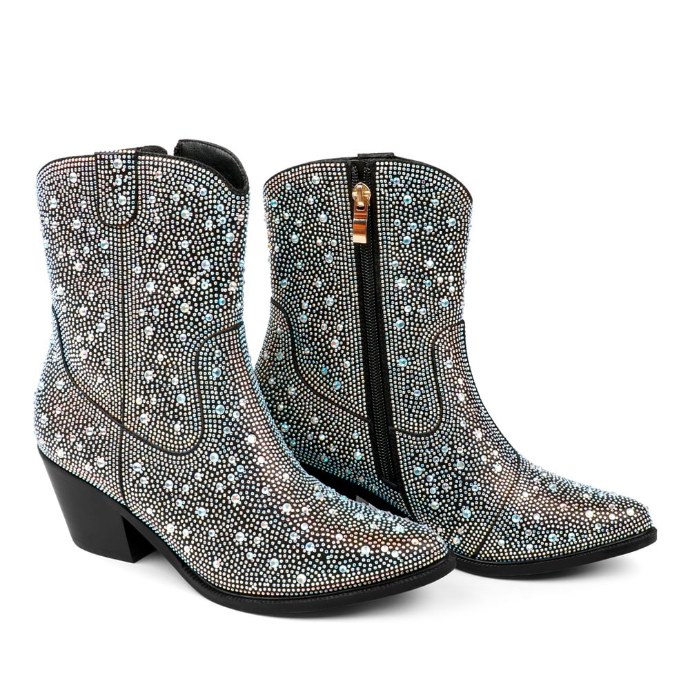 60mm Women's  Boots Ankle High Medium Heel Chunky Heel Diamond Studded Fashion Pull On Boot-MERUMOTE