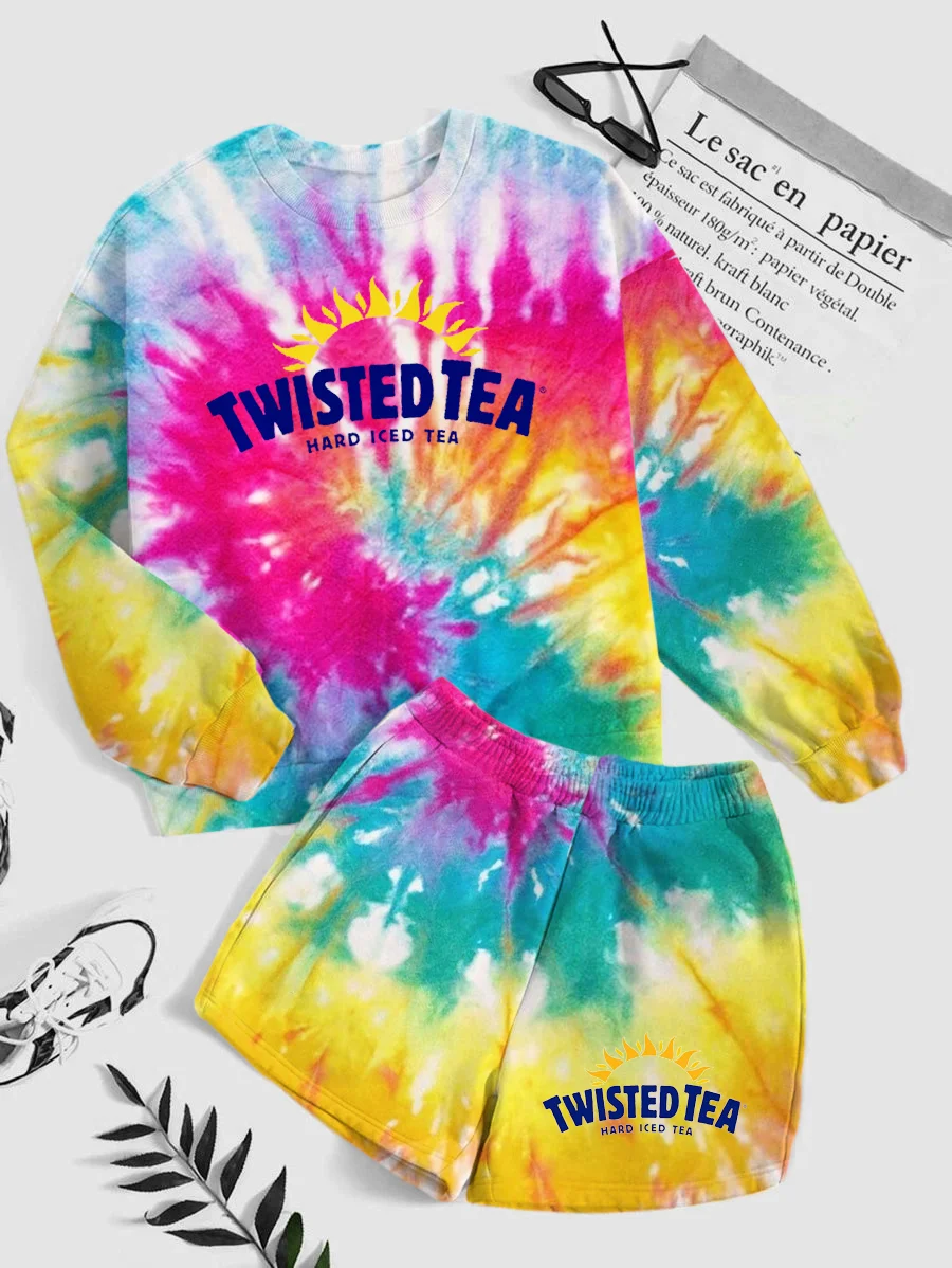 Casual Tie-dye Print Drinking Sweatshirt & Shorts Set