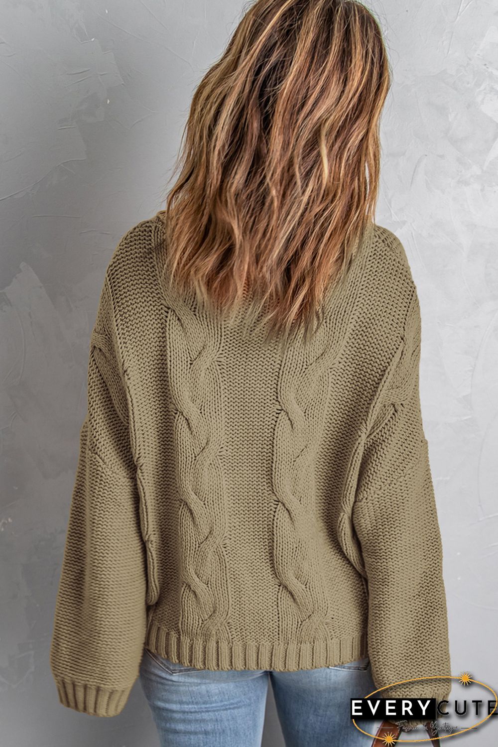 Khaki Solid Turtleneck Cable Knit Pullover Sweater