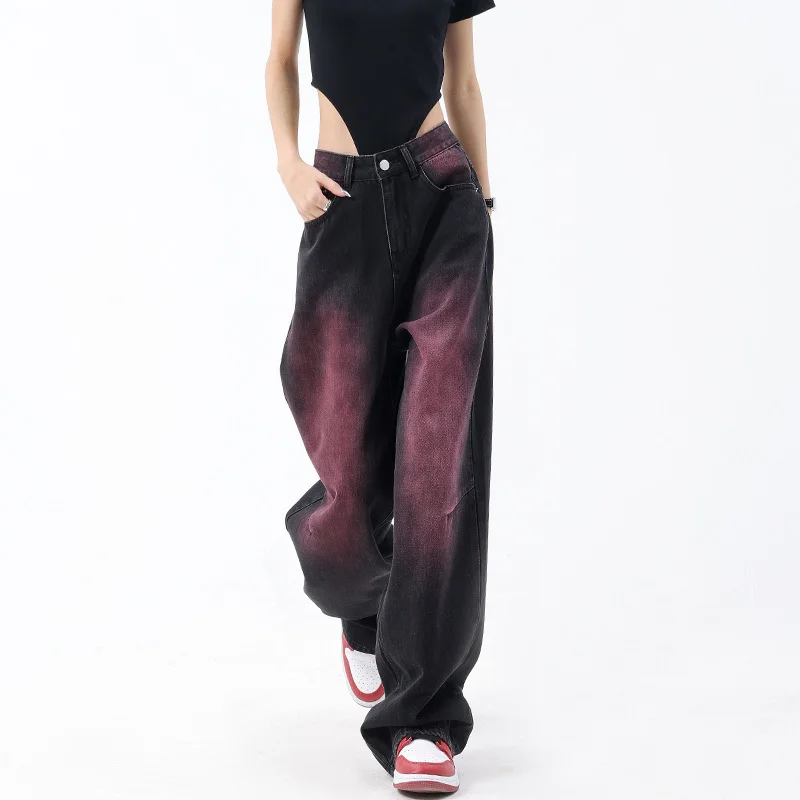 Zingj Zingj Spring And Summer New Graffiti Wash Water Jeans Female Retro Design Feeling Straight Tube Wide Leg Pants