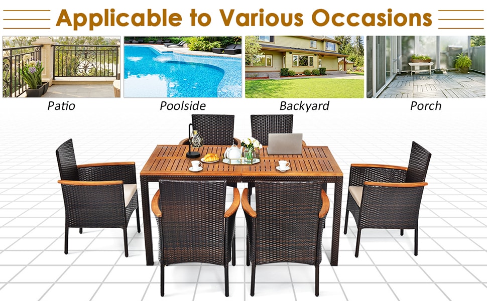 7 Piece Rattan Patio Dining Set with Acacia Wood Table & Stackable Wicker Chairs