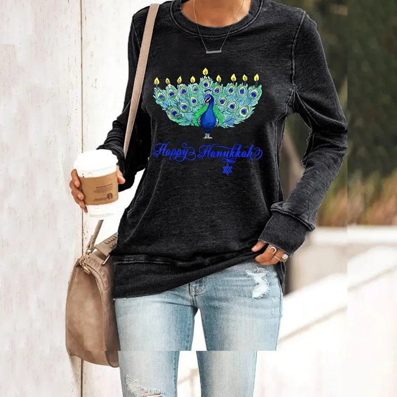Women's Peacock Happy Hanukkah Printed Sweatshirt