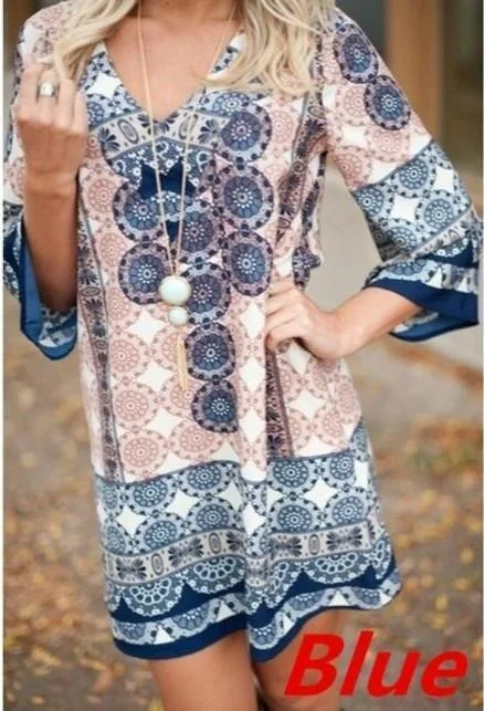 V Neck Women Shift Holiday Casual Printed Mini Dresses