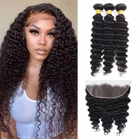 Deep Wave Bundles with 13x4 Lace Frontal HD Lace Frontal and Bundles Human Remy Deep Curly Hair Bundles with Lace Frontal ELCNEPAL