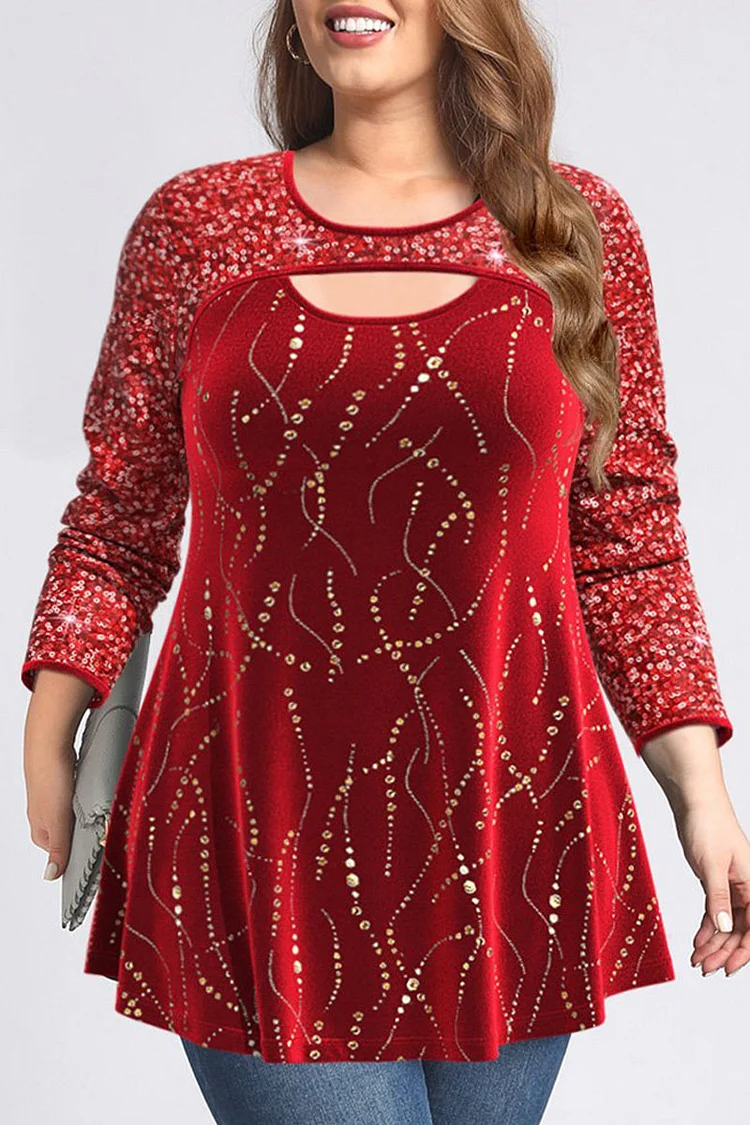 Flycurvy Plus Size Casual Red Velvet Sparkly Gold Stamping Hollow Out Blouse  Flycurvy [product_label]