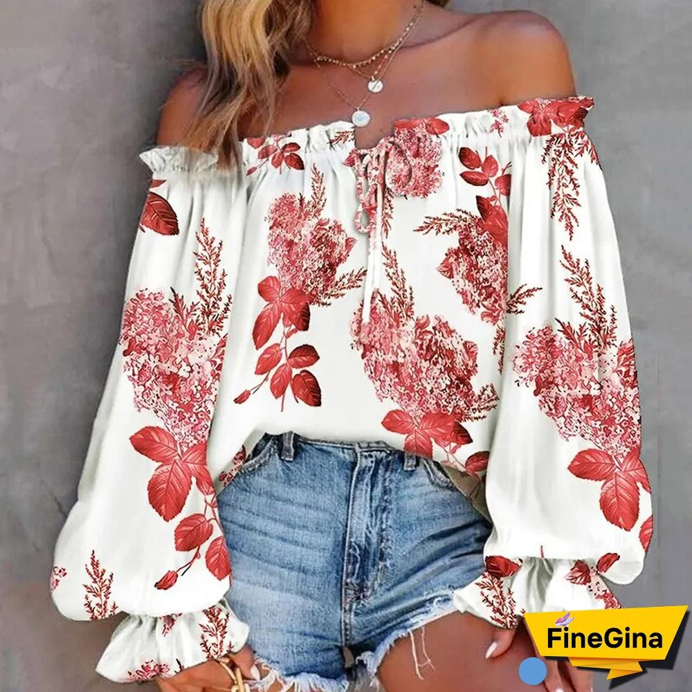 Women Casual Loose Off Shoulder Blouse Vintage Boho Print Blouses Ladies Sexy One Word Collar Lantern Sleeve Hollow Pullover Top