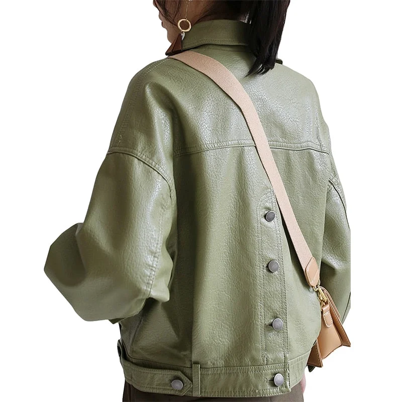FTLZZ New Spring Autumn Green Faux Leather Jackets Casual Women Short Vintage Loose Pu Jackets Female Black Red Leather Coats
