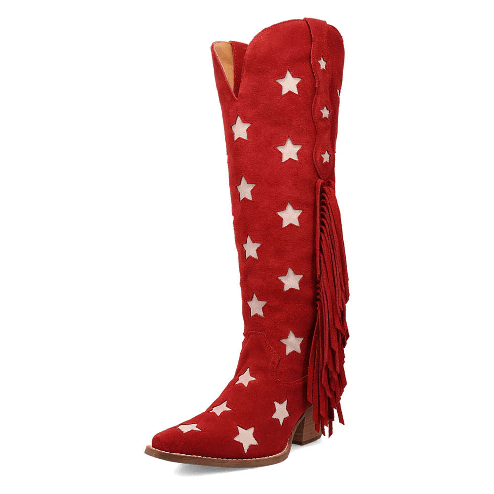 Red Faux Suede Snip Toe Chunky Heel Fringe Wide-Calf Western Boots Nicepairs