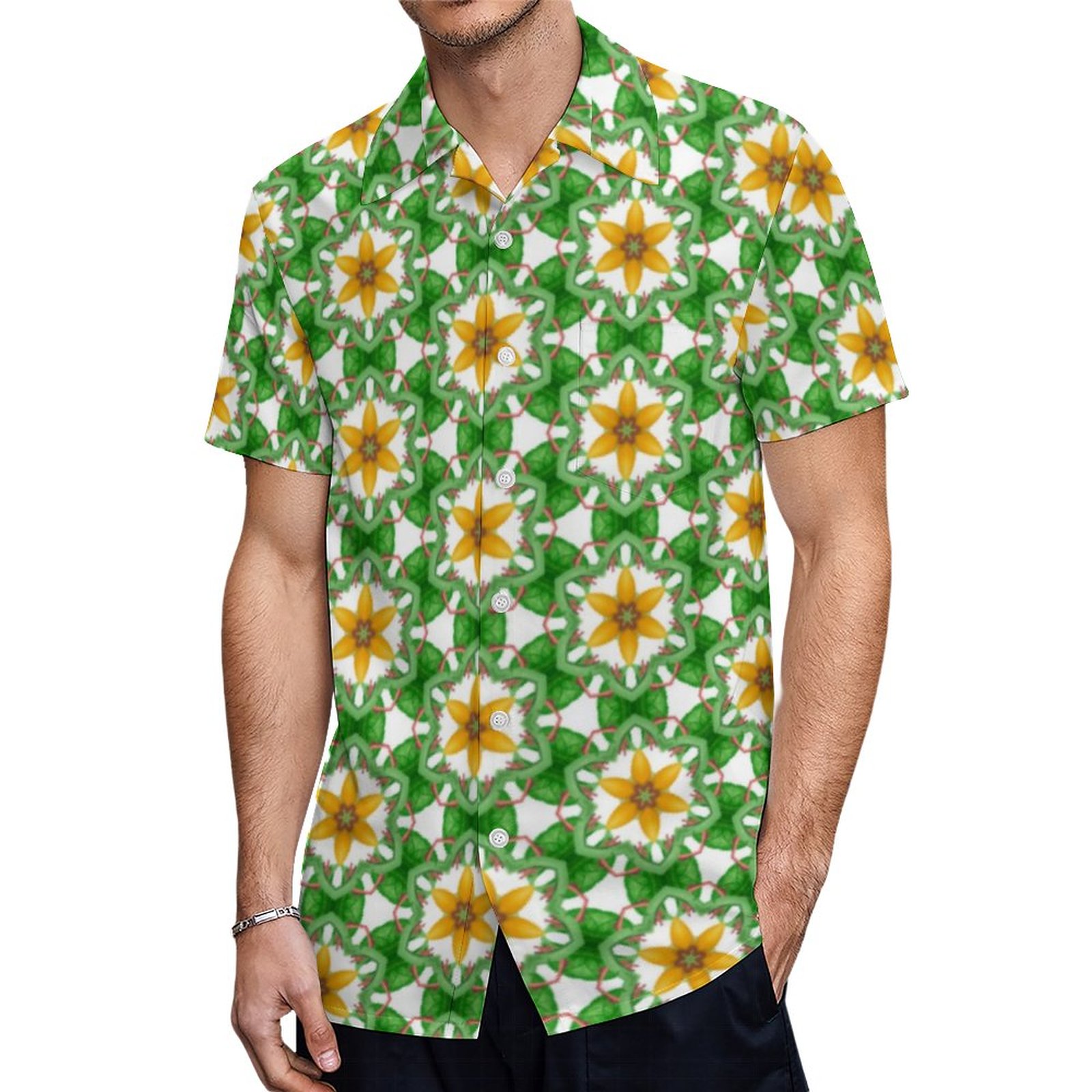 Modern Yellow Green Abstract Geometric Floral Hawaiian Shirt Mens Button Down Tropical Hawaii Beach Shirts