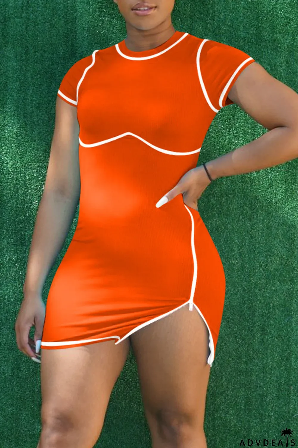 Tangerine Sexy Solid Split Joint Zipper O Neck Pencil Skirt Dresses