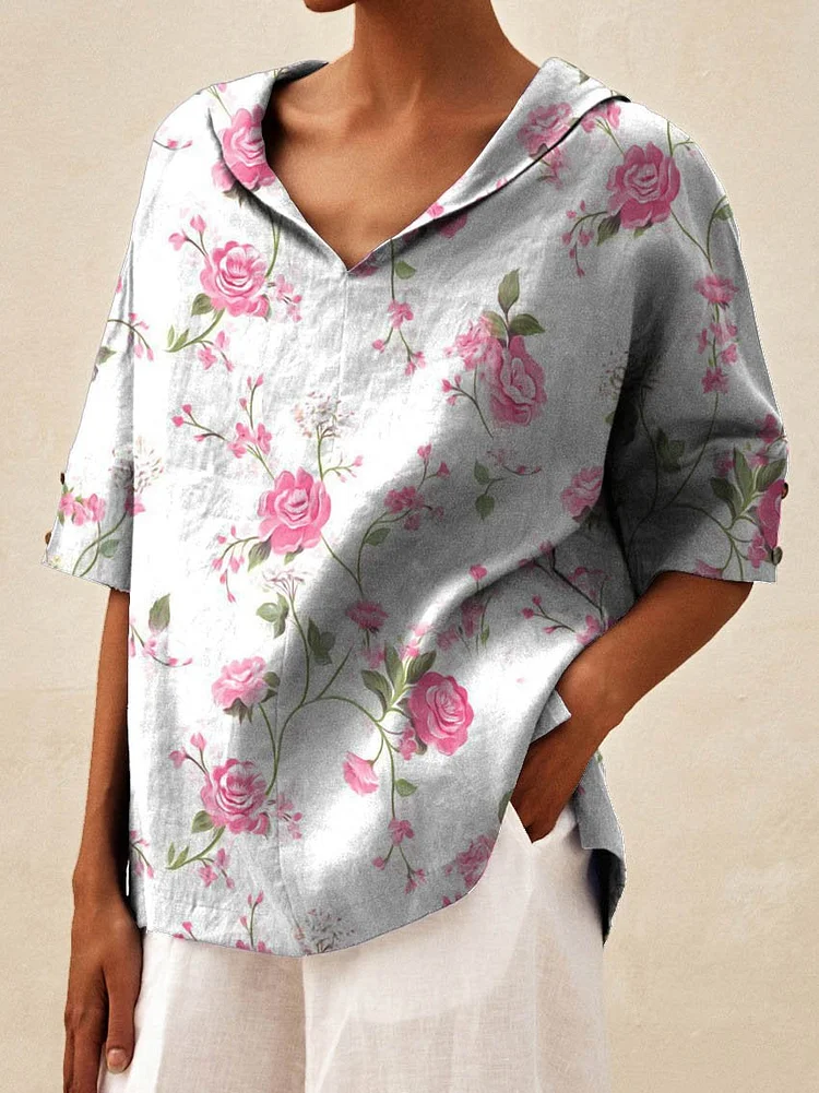 Women's Vintage Floral Art Print Casual Linen V-neck Shirt