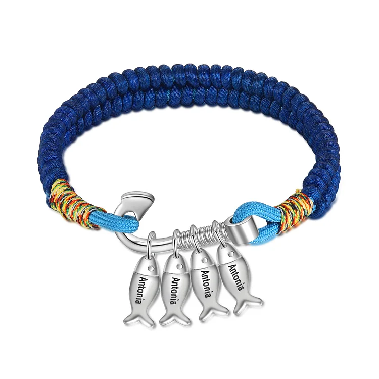 Braided Fishing Hook Bracelet with 4 Fish Charms Custom Names Men's Bracelet