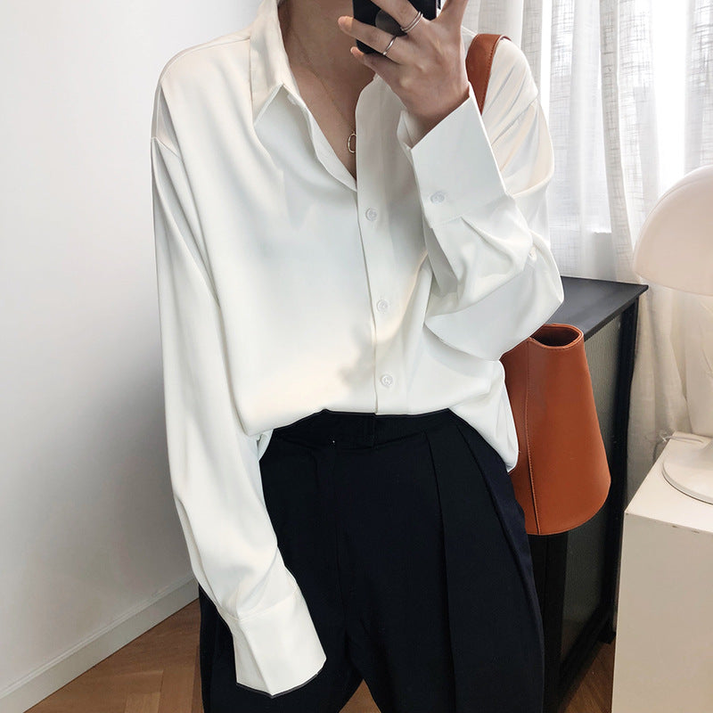 Satin Chiffon Shirt Women Spring  Fall  Sense Niche Young Solid Color Drape Satin Top